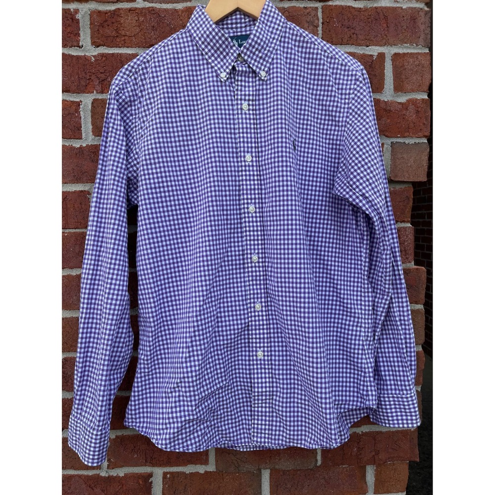 Polo Ralph Lauren Mens Gingham Button Down Shirt Purple White Medium Long Sleeve